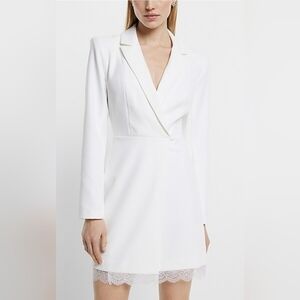 Express Women's Bridal Lace Trim Mini Blazer Dress White Size L